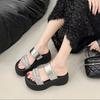 Thick-bottomed Slope Heel Rhinestone Outer Slippers Women's Summer New Versatile Square Head Open-toed Sandals