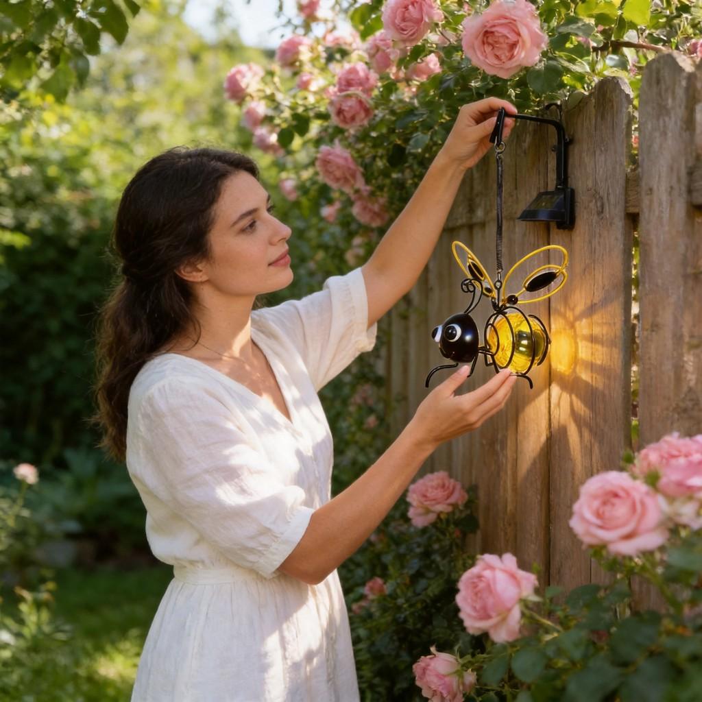 Garden Solar Lantern With Iron Bee And Butterfly Decor For Outdoor Yard Lighting