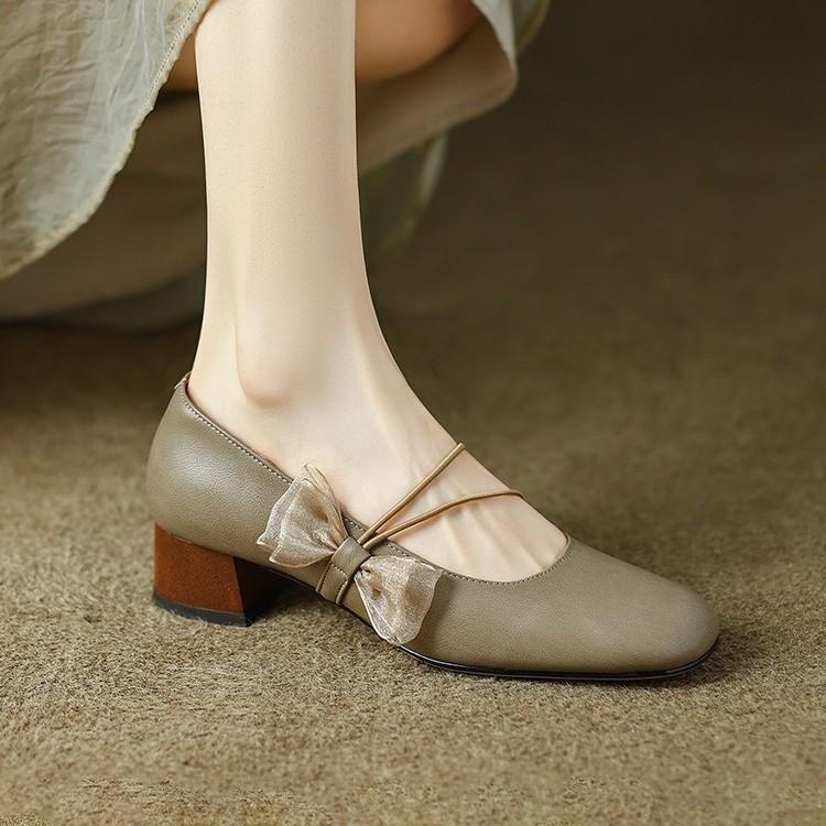 

2025 весна и лето литературный и ретро стиль бант женские туфли Мэри Джейн круглая голова толстый каблук темперамент простые неглубокие горлышки одинарные туфли женские 39 хаки