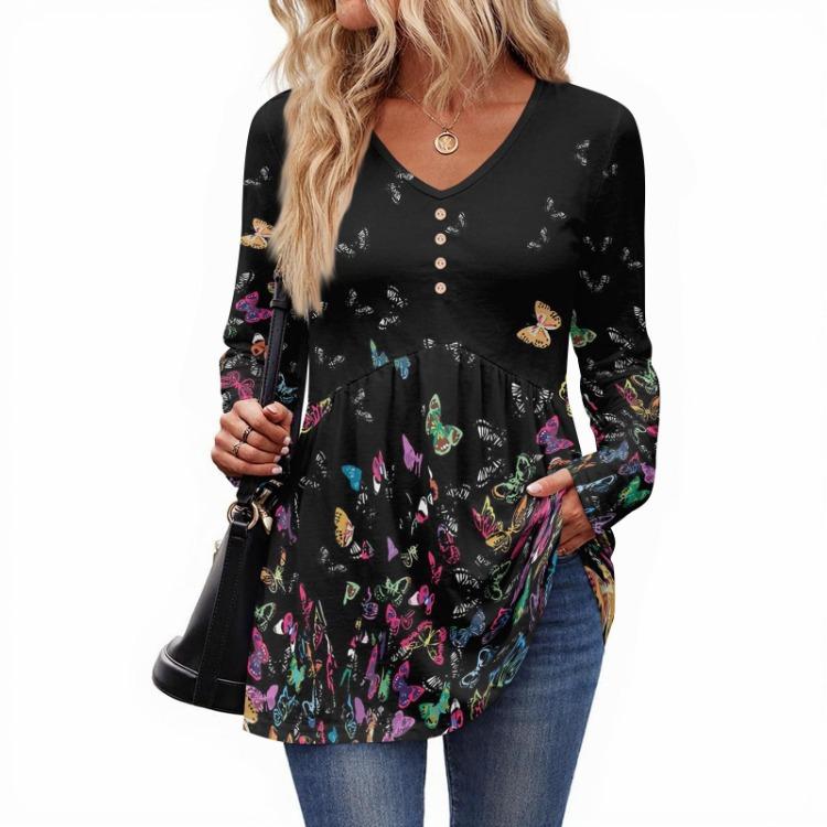 Retro Floral Print Long Sleeve Top Women Casual V Neck Button Blouse