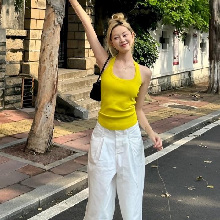 American Spice Girls Slim White and Skinny I-shaped Neck Vest Women's Summer Niche Inner and Outer Wear Short Suspender
