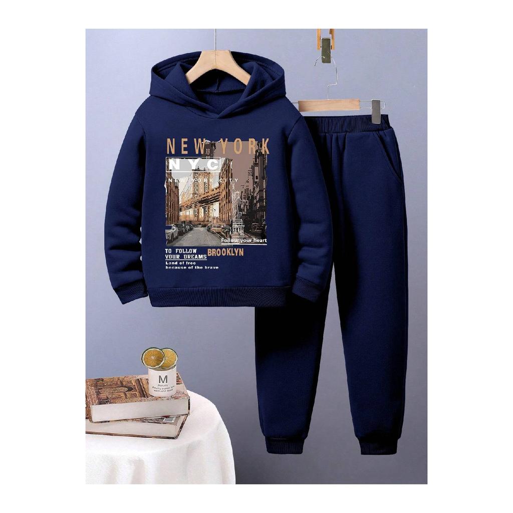 Set de trening pentru bărbați, albastru bleumarin, supradimensionat, imprimat NYC