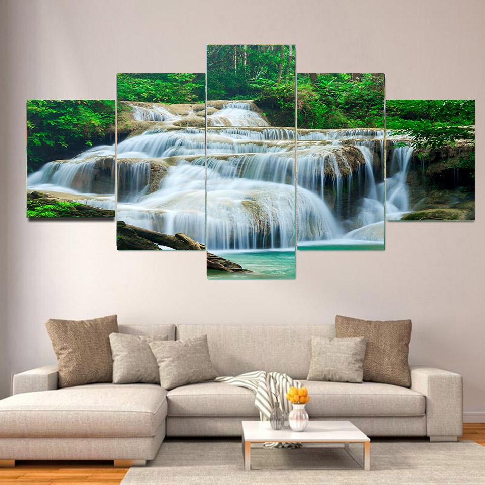 

5 панелей Пейзаж Водоспад Ліс Дерево Зелене листя Картини на полотні Плакати та принти Настінні картини Домашній декор Без рамки 40x60cm*2 40x80cm*2 40x100cm*1