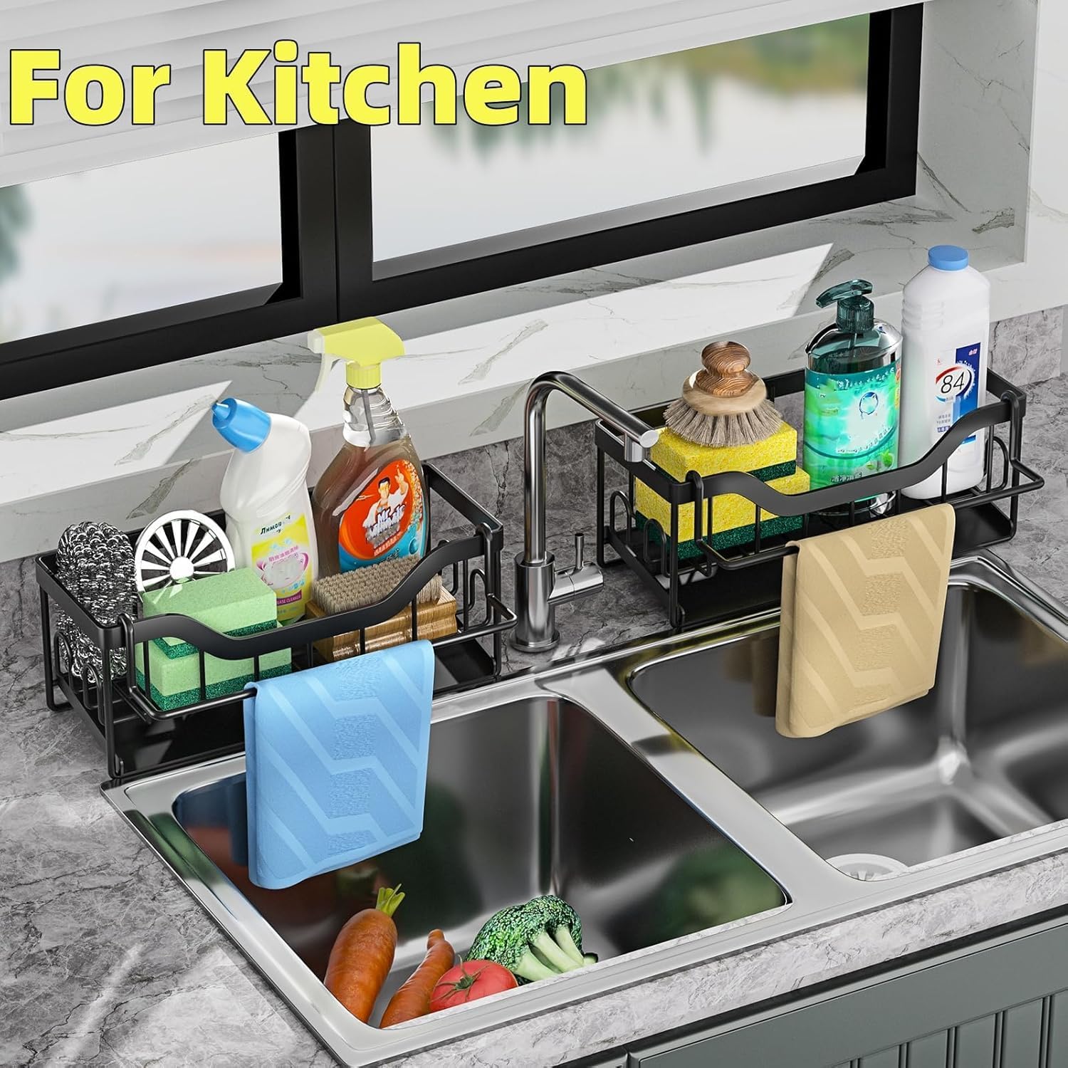 Sponge Holder for Kitchen Sink, Sink Caddy with Detachable Rag Holder, Kitchen Sink Organizer Stainless Steel Self Drain Tray for Sponge, Soap