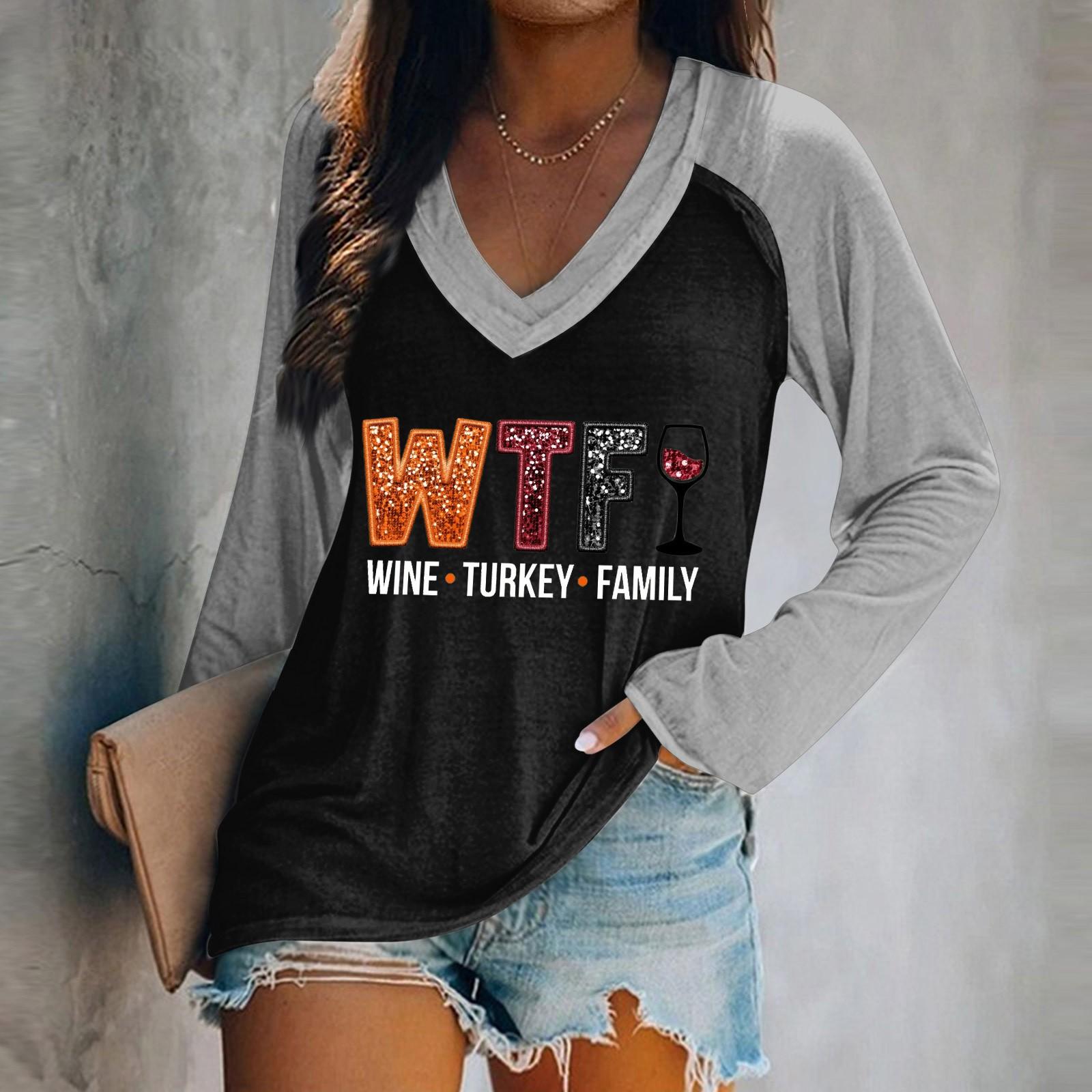 

Женская футболка с длинным рукавом, повседневный комфортный топ с v-образным вырезом и принтом S