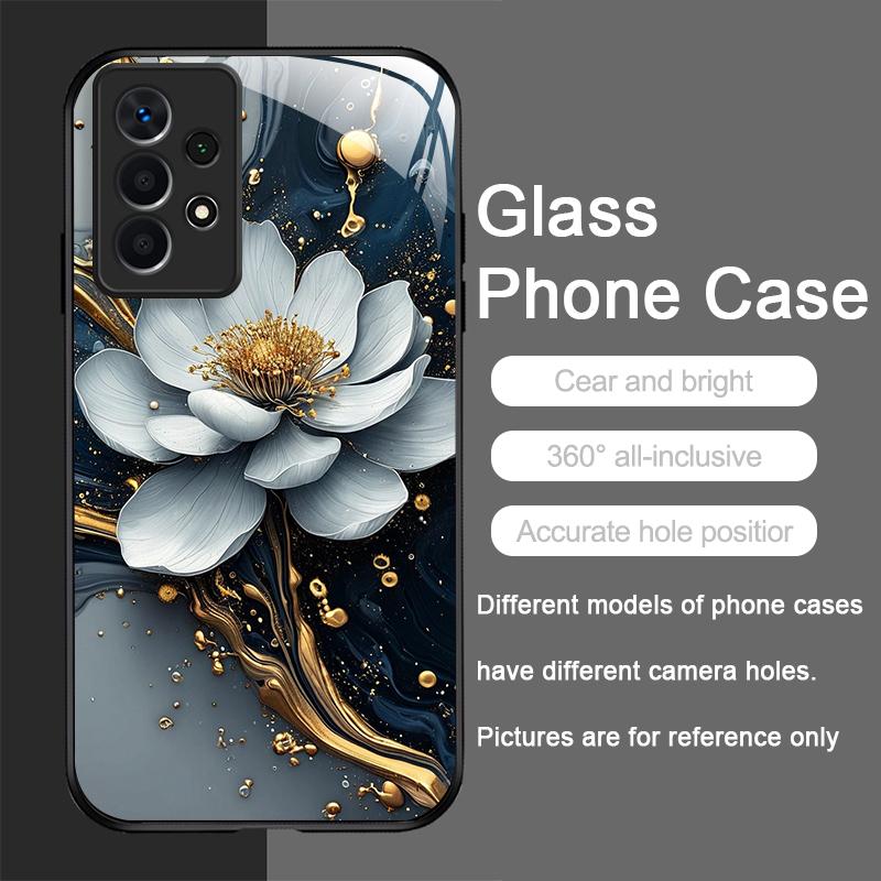 Elegante Lotus-Blumenmuster-Handyhülle aus gehärtetem Glas für Samsung Galaxy S25 Ultra S24 S23 Plus S22+ S21 S20 FE Hülle