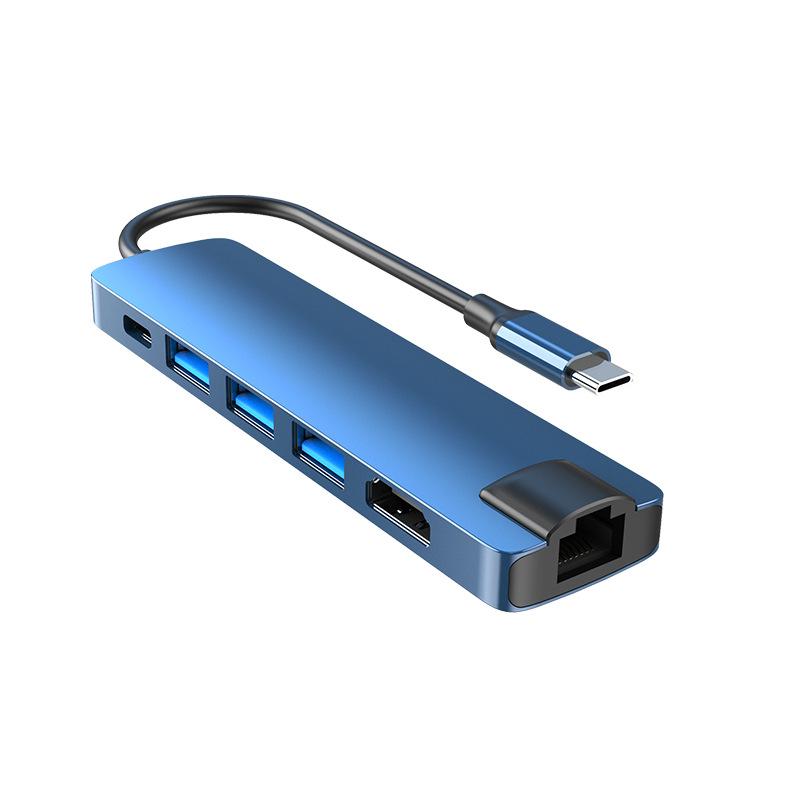6 in 1 USB C HUB Docking-Konverter USB 3.0 4K HDMI-kompatibel Typ-C 55W PD Ladeadapter RJ45 Multi-USB-Station