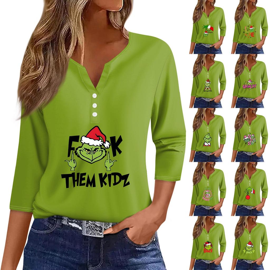 Women's T Shirt Tee Christmas Print Button  3/4 Sleeve Daily Weekend Fashion Basic V- Neck Regular Top