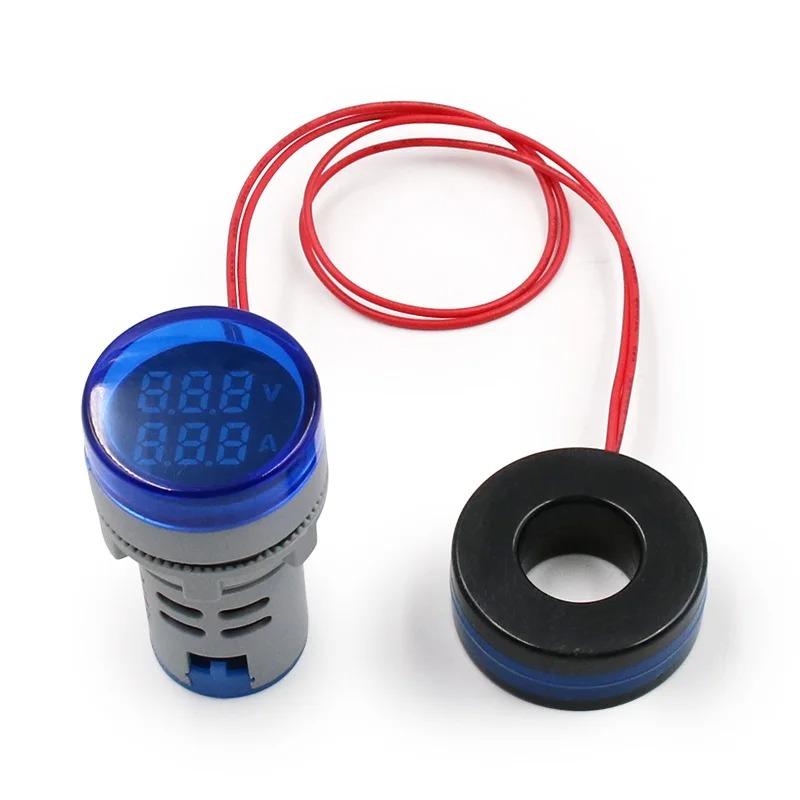 22mm AC 20-500V 0-100A Round Mini Digital Voltmeter Ammeter Amp Volt Voltage Tester Meter Dual LED Indicator Pilot Lamp Light