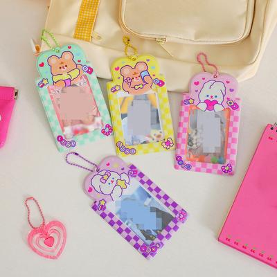 Korea Cute Bear Rabbit Chessboard Photocard Holder Kpop Idol Photo Sleeve Case Id Card Cover With Keychain Bag Pendant Decor