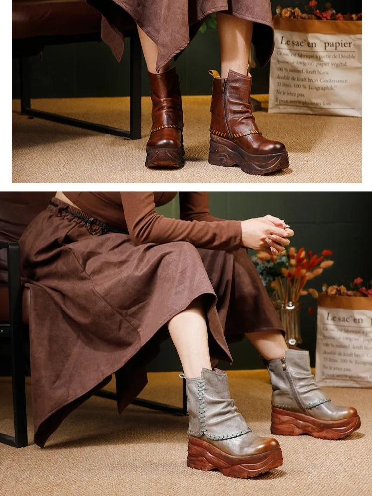 Johnature Women's Platform Shoes Genuine Leather Thick Soled Comfortable Versatile Retro Wedges Short Boots