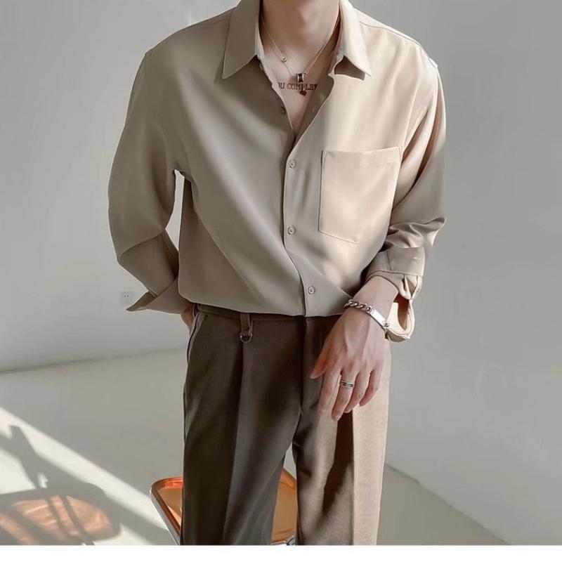 Men's Loose Long-sleeved Shirt, Wrinkle-free Solid Color Shirt.