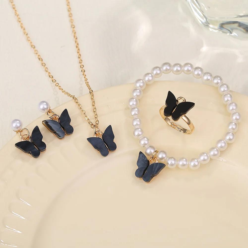 Conjunto de Joias Doce 4 peças/Conjunto Pingente de Borboleta Colar de Pérolas de Imitação para Mulheres Brincos de Pérola Joias para Meninas Presente para Mulheres