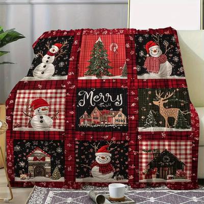 Christmas Flannel Blanket - Checkered Snowman Reindeer Design, Warm Holiday Gift for Home