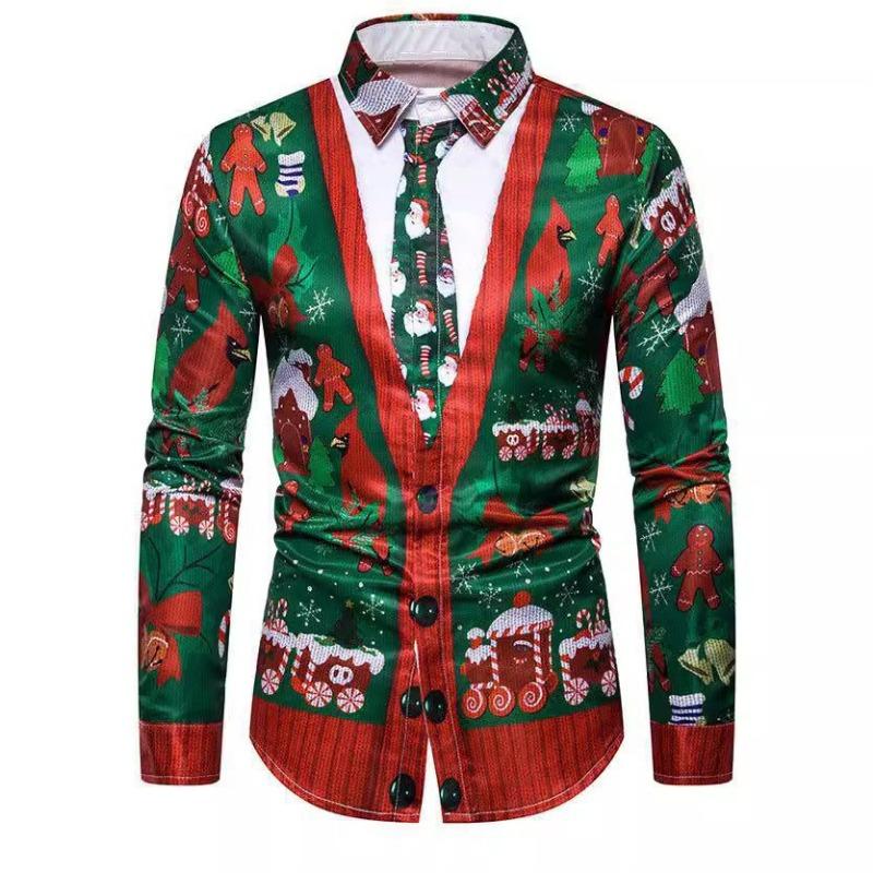 Europeisk och amerikansk jultema serie 3D-tryckt långärmad skjorta, lös och ledig herr långärmad topp