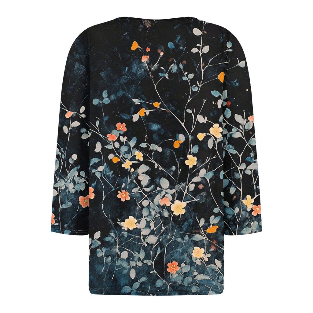 Damen V-Ausschnitt Freizeit Dreiviertelarm Knopf-Detail Top mit Blumenmuster