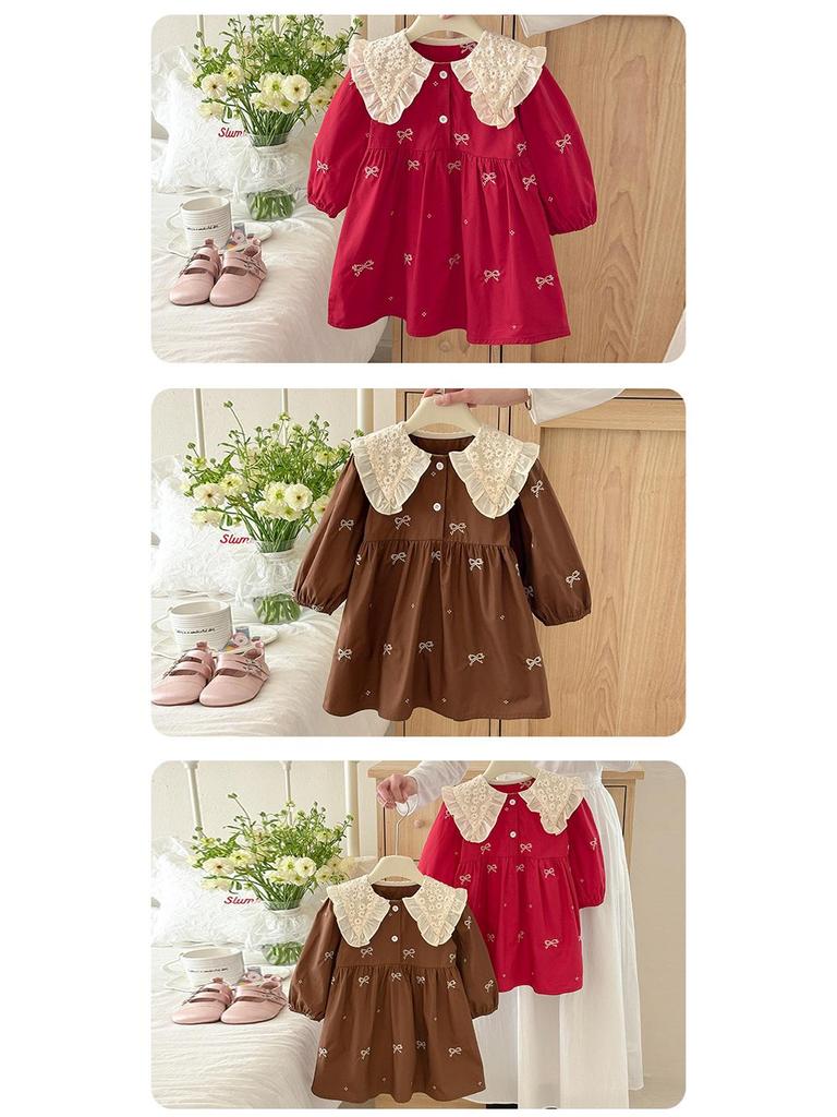 Spring Lace Collar Dress for Girls - Bow Embroidered Princess Skirt