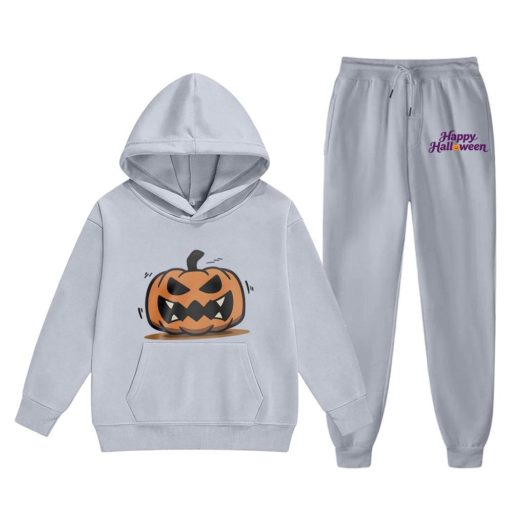 Kids Halloween Hoodie Set with Pumpkin Print Pullover Sweatshirt and Matching Pants Comfortable Casual Outfit for Boys and Girls