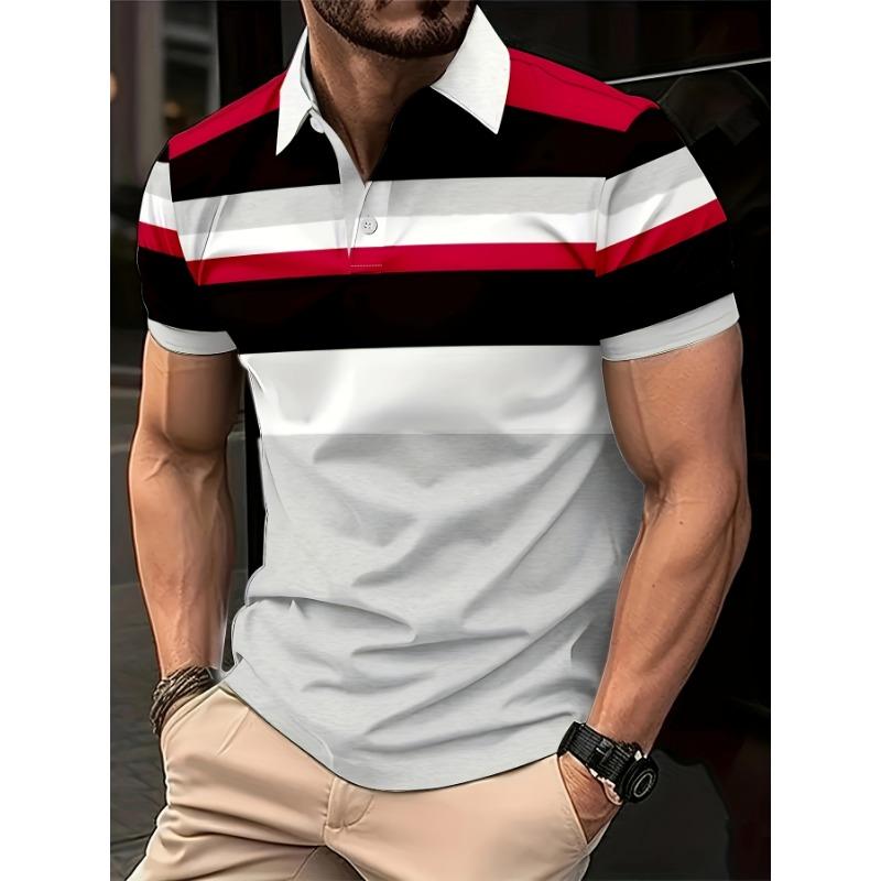 Men'S Casual Striped Plaid 3D Print Golf Shirt, Short-Sleeved Spring, Summer And Autumn Button POLO Shirt Polo Shirt