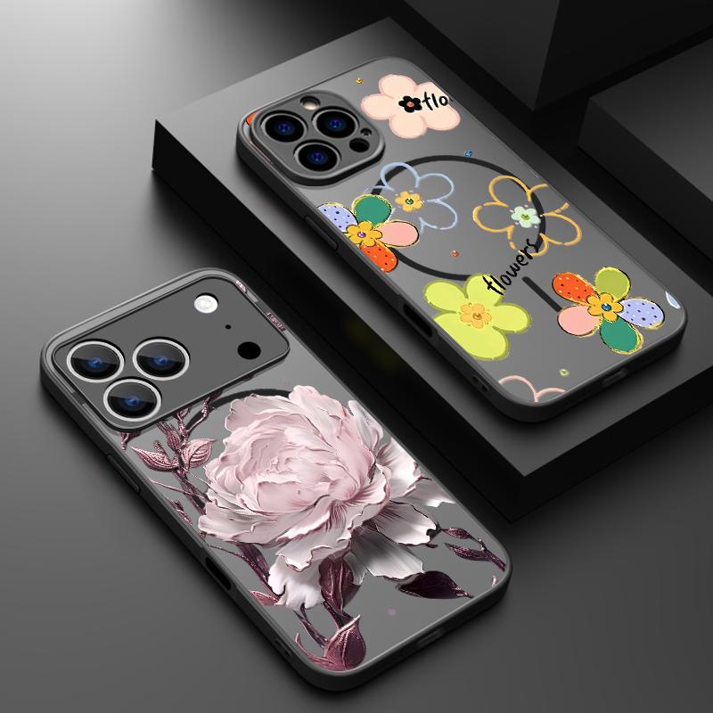Colorful Flowers Pattern Case For iPhone 17 Pro Max Case iPhone 16 Pro Max 15 14 13 16E 17E Magnetic For Magsafe Hybrid Matte Cover