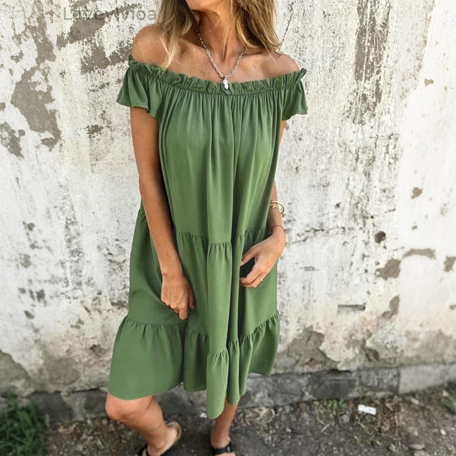 Women Bohemian Patchwork Off Shoulder Ruffle Short Sleeve Dress Casual Loose Fit Summer Beachwear XL