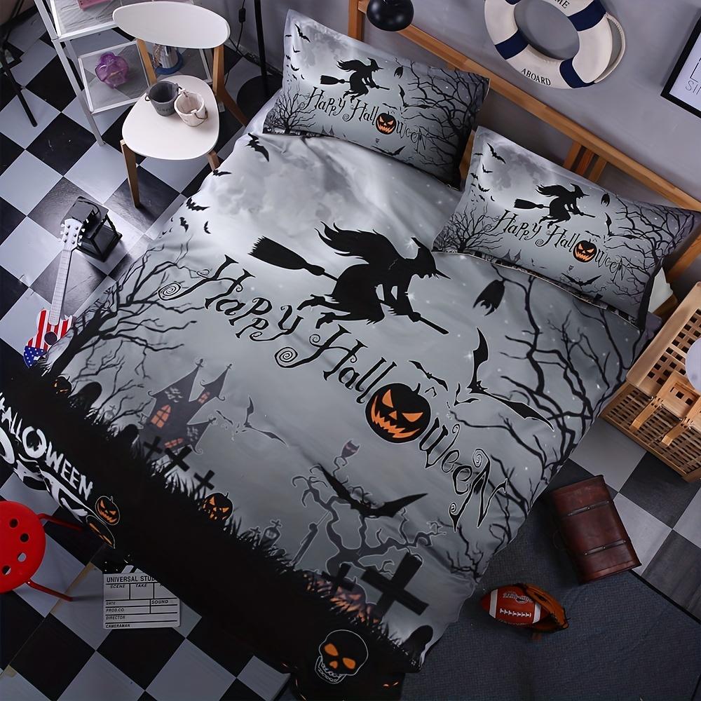 Halloween Theme Duvet Cover Set Funny Witch Skull Pumpkin Print Bedding Set Soft Breathable Duvet Cover For Bedroom Decor
