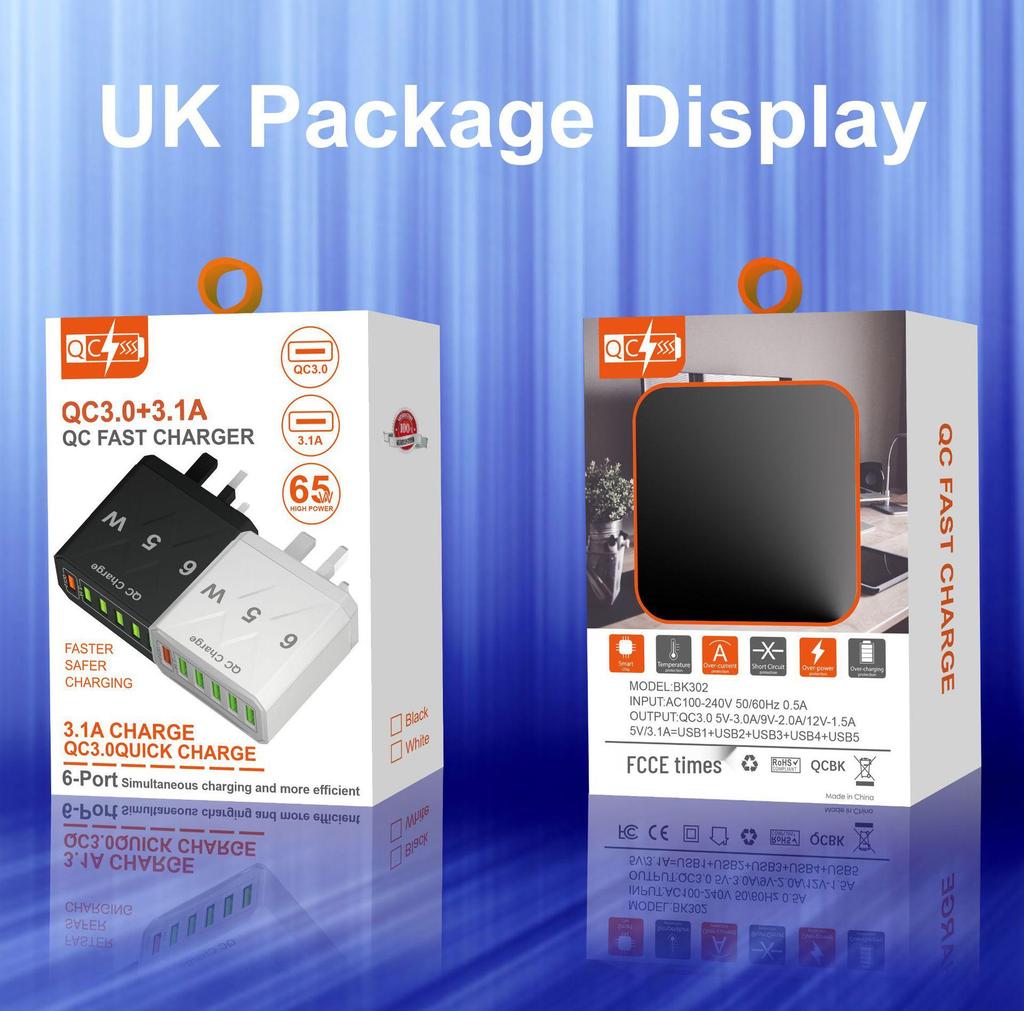 65W QC3.0 6-Port USB Fast Charger for Mobile Phones - US/EU/UK Standard