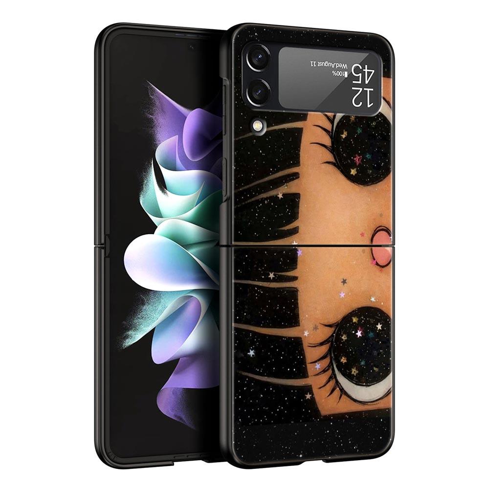 Hard PC Phone Case For Samsung Galaxy Z Flip 7 6 5 4 Black Cover For Galaxy Z Flip 3 Foldable Shockproof Cute Black Big Eyes Bag