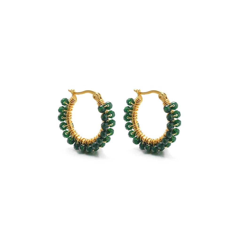 

1 Pair Fashion Street Crystal Beads Winding Female Earrings Stainless Steel Gold-plated Earrings Women Trend Jewelry Wholesale темно-зелений колір