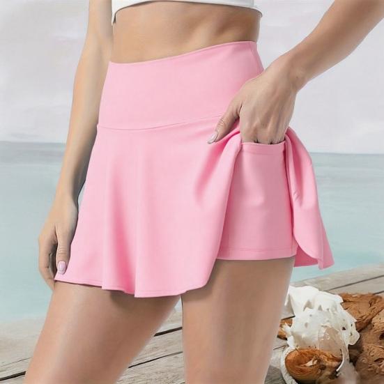 Yoga Skort High Waist Pure Color Women Sports Skirt with Inner Shorts Stretchy Soft Fabric Pocket Design Tennis Skort