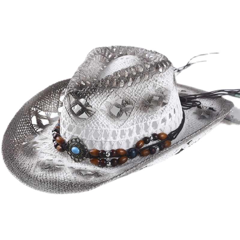 Summer hollow straw hat gradual change beaded jazz cowboy hat outdoor sun hat