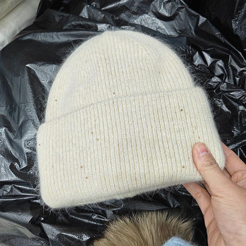 Winter Hats For Women Rabbit Fur Shiny Knitted Beanie Baggy Caps Korean Style Sweet Simple Bonnet Solid Color New