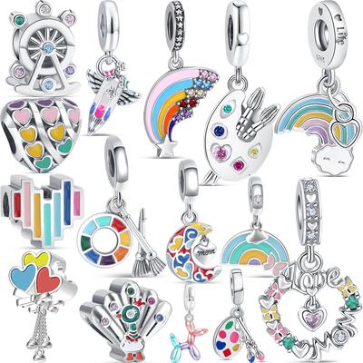 Argento S925 Colorato Arcobaleno Pennelli Pastelli Tavolozze Amore Ciondolo Perla Fai da Te Adatta Bracciale Charm Originale Gioielli Fai da Te per Donne
