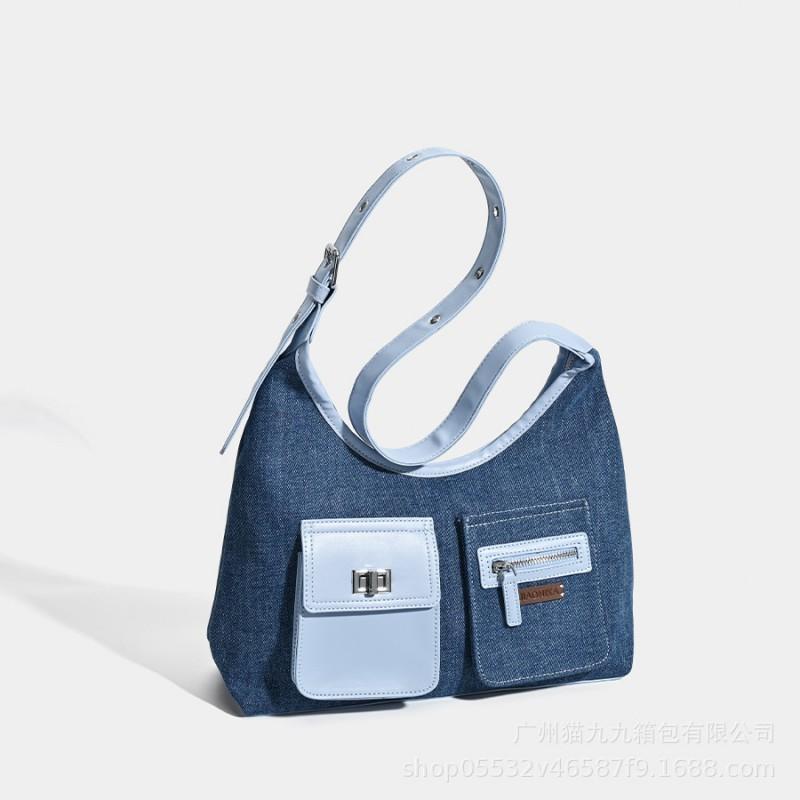 Washed Denim Bag Niche Mailard Tote Fashionable Multi-pocket HOBO Large Capacity Underarm