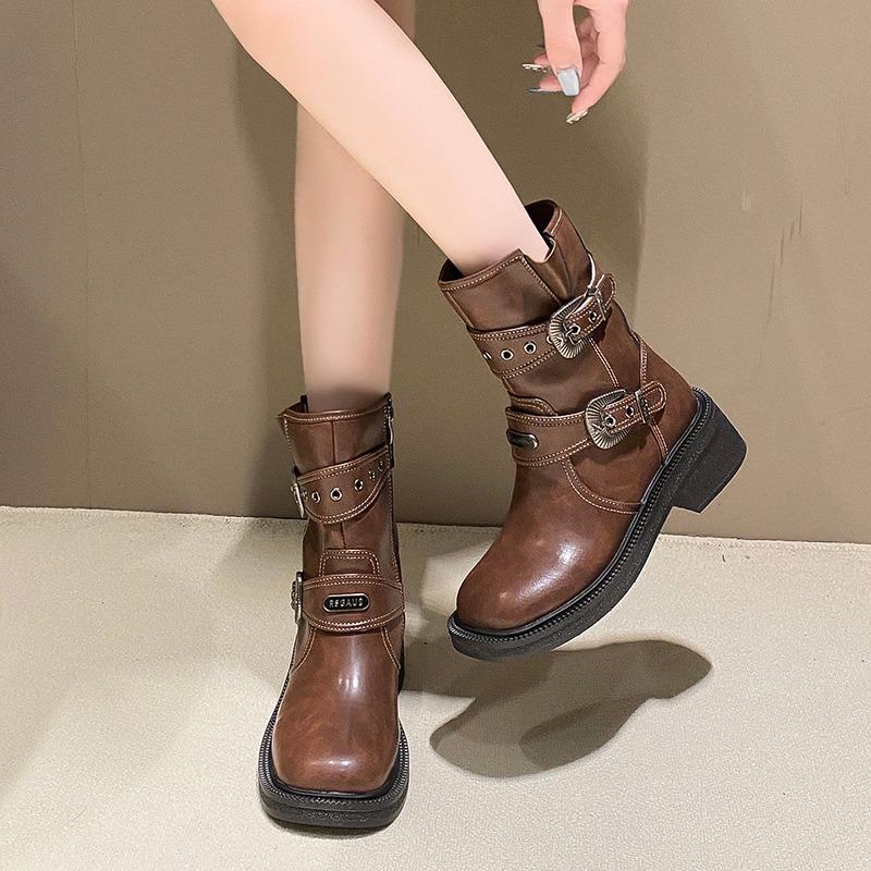 Women English Style Fashion Motorcycle Boots Zipper Mid Calf Boots Round Head Thick Bottom Casual Women's Knight Booties D183