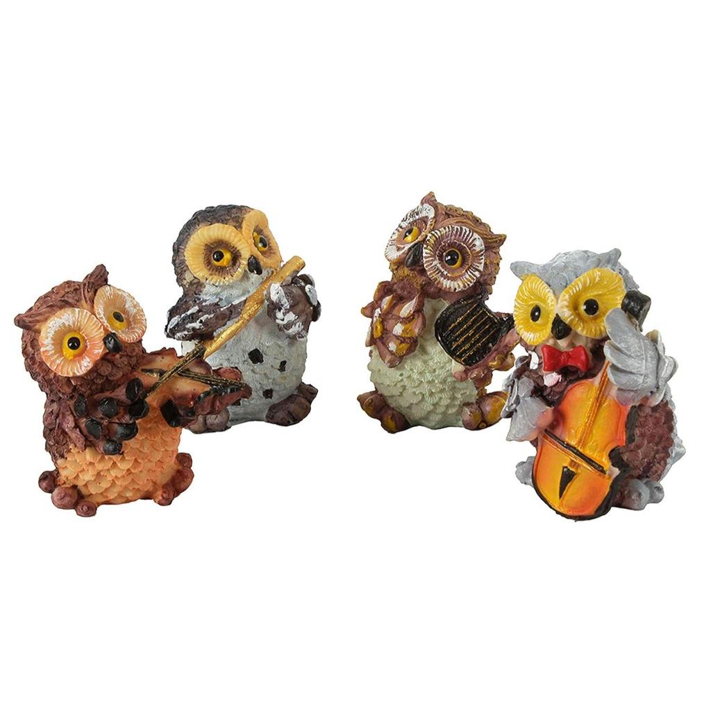 Conjunto de 4 Corujas Tocando Instrumentos Musicais Peças de Exibição Estatuetas Estátuas de Jardim Itens de Decoração para Decorações de Casa ao Ar Livre (Multicolorido)