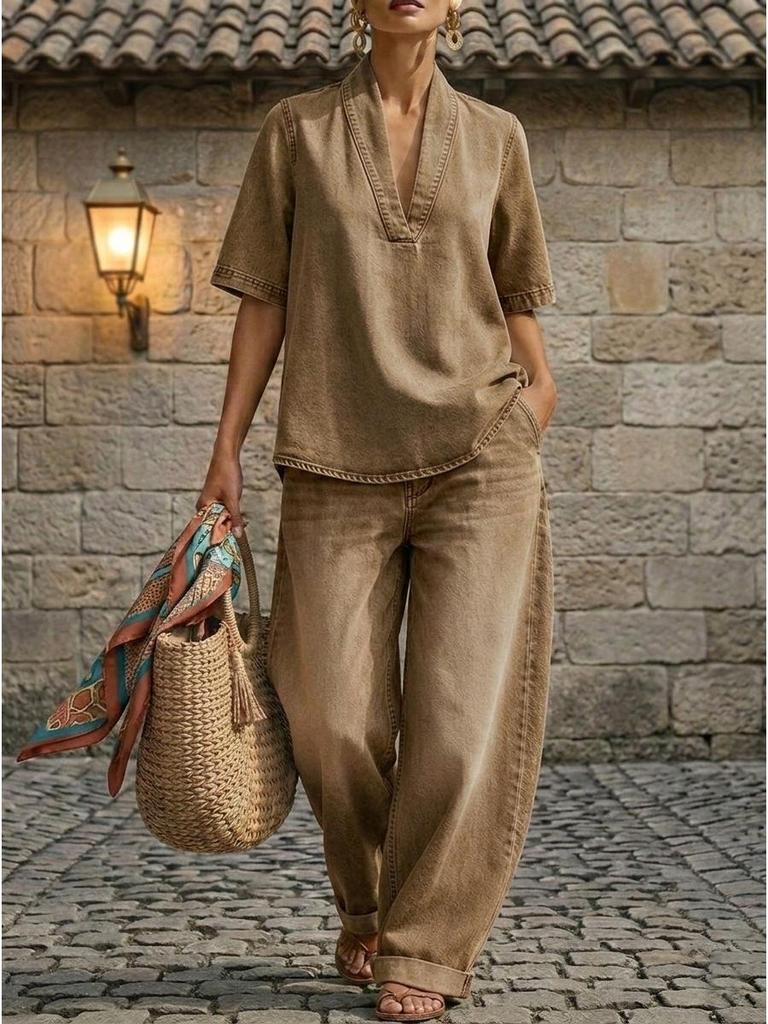 2026 Europäisches & Amerikanisches Sommer Damen Minimalistisches Denim Zweiteiler-Set - Locker, Lässig, Einfarbige Farbe, Bequemer Stil