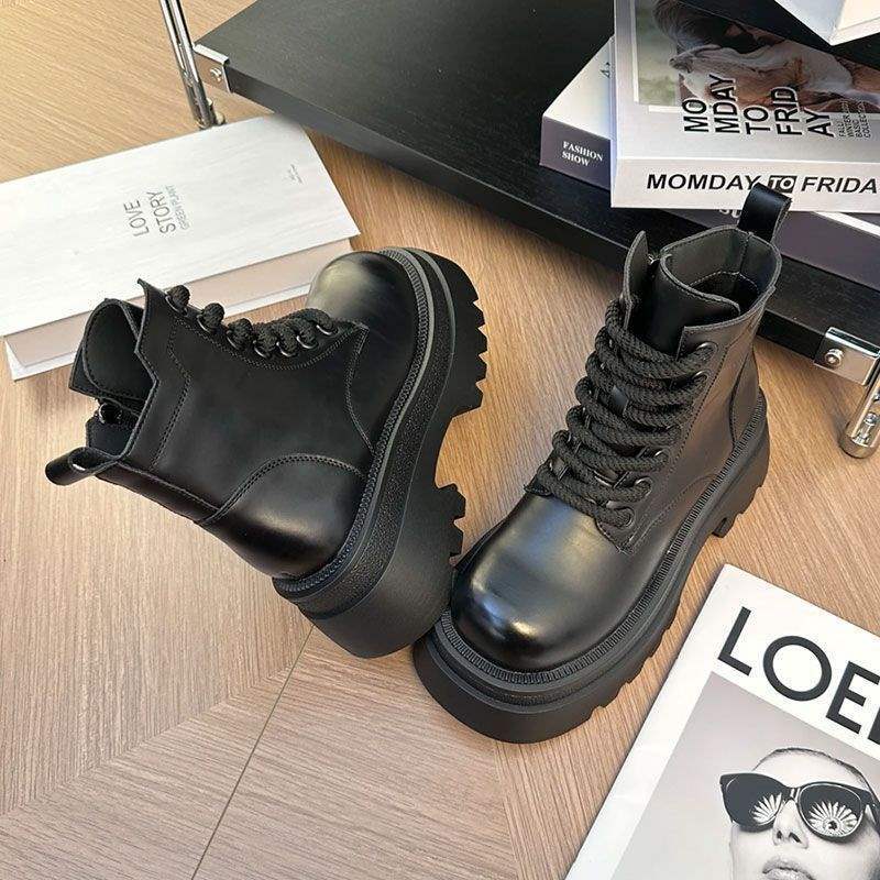 Thin Martin Boots Women's British Style 2025 Autumn and Winter New Thick-soled Heightening Single Boots High-top Versatile Short Boots Casual