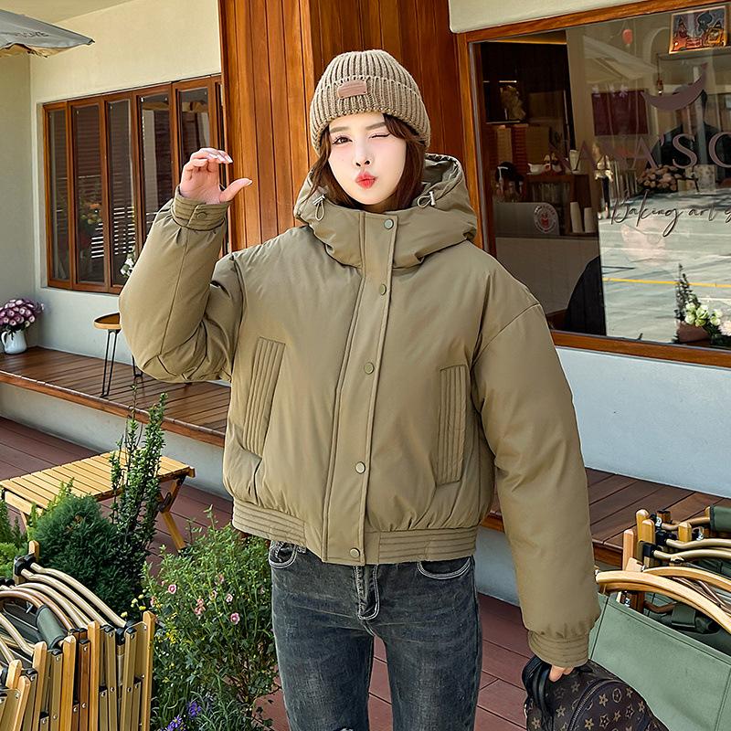 Women's Autumn and Winter Solid Color Padded Thickened Short Standing Collar Zipper Hooded Warm High Waisted Loose Bread Clothes Outerwear