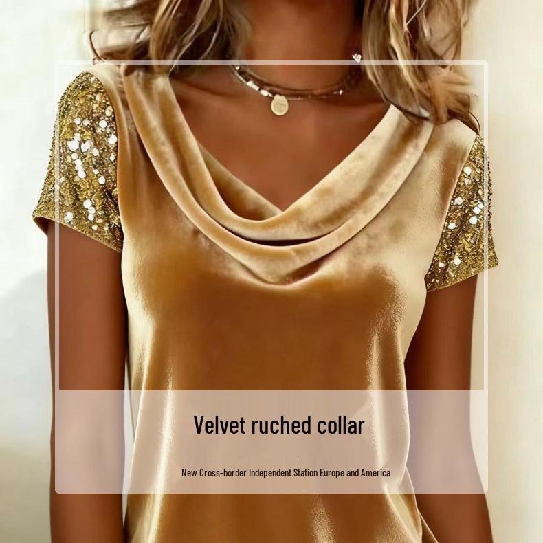 2026 European & American Velvet High-Neck Sequin Patchwork Short-Sleeve Women's Fashion Top