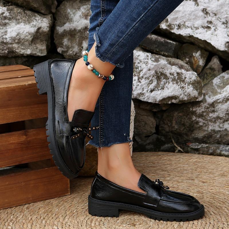 

Женские осенние новые туфли-лодочки с круглым носком, глубоким вырезом, заклепками, бантом, на платформе, нескользящей износостойкой подошве, среднем каблуке 36 чёрный