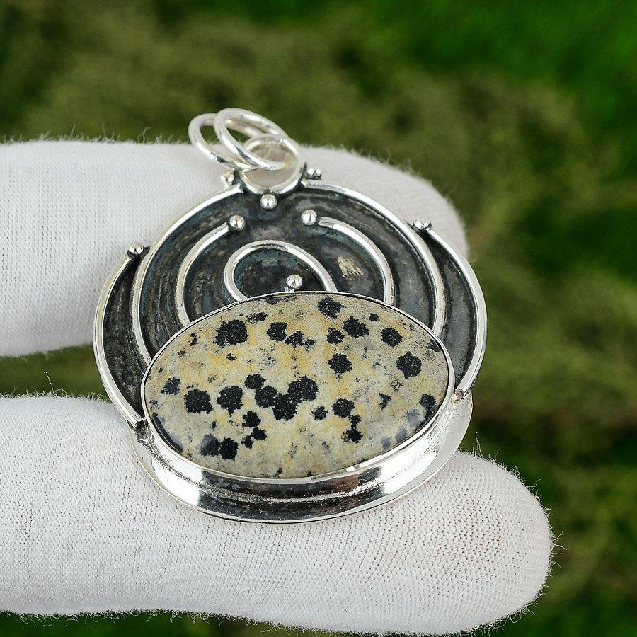 925 Silver Oval Natural Dalmation Jasper Anniversary Art Deco Pendant Jewelry