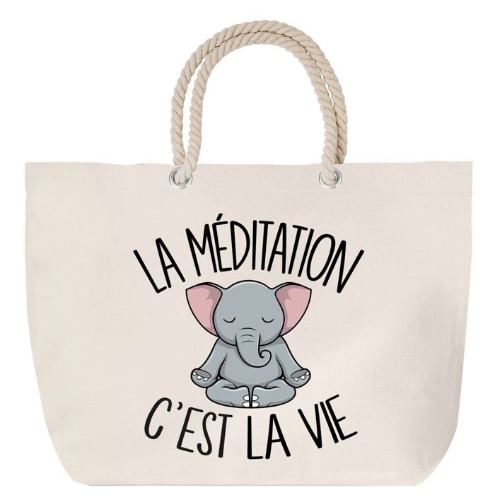 Sac de plage - PLANETEE - Méditation Eléphant - Anse corde - Grand format - Coton, imprimé en France