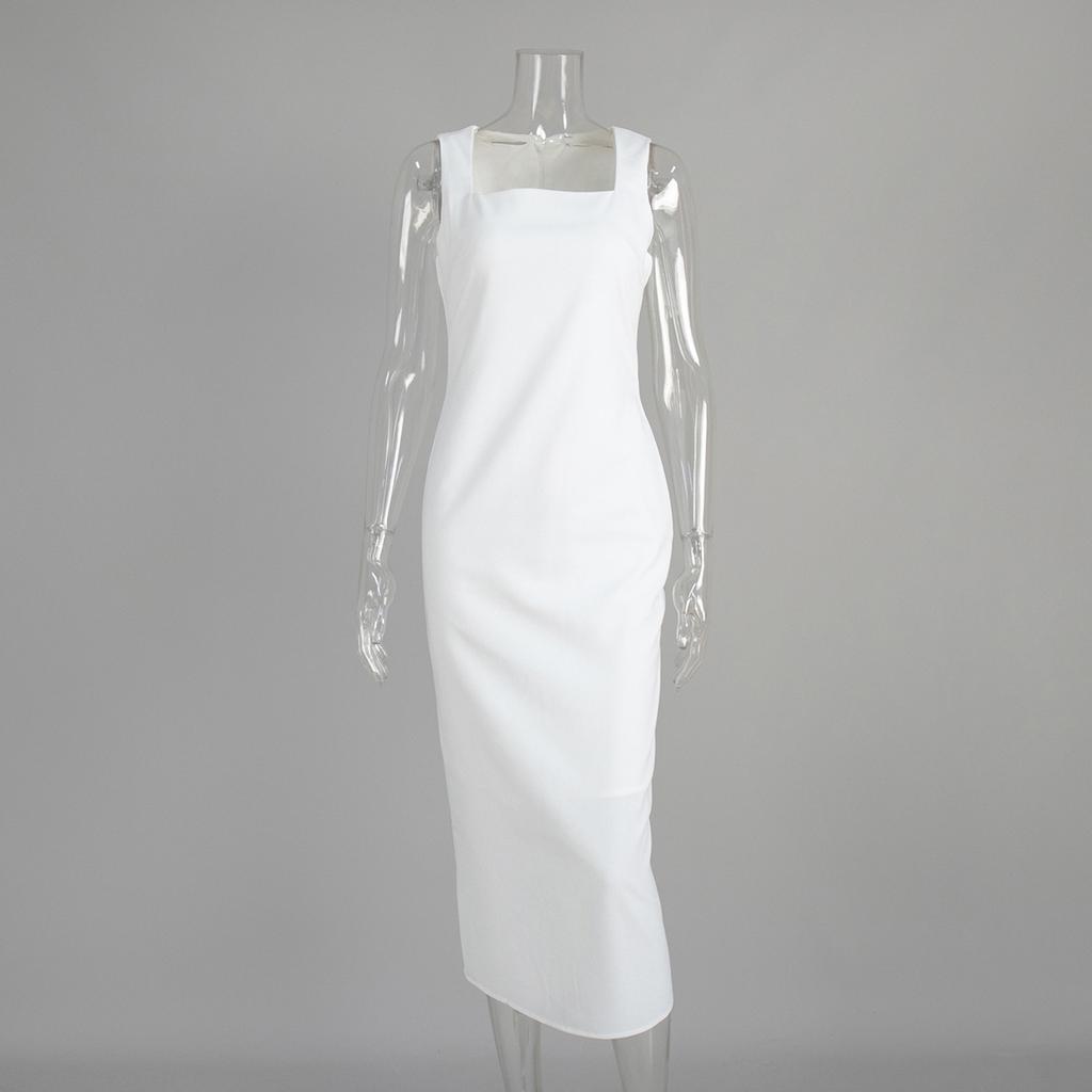 Simple solid color square neck suspender dress European and American summer new slim cotton and linen long dress