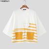 INCERUN Oversized Men Casual Loose 3/4 Sleeve Splits Irregular Front Cross Striped Print T-Shirts Tops