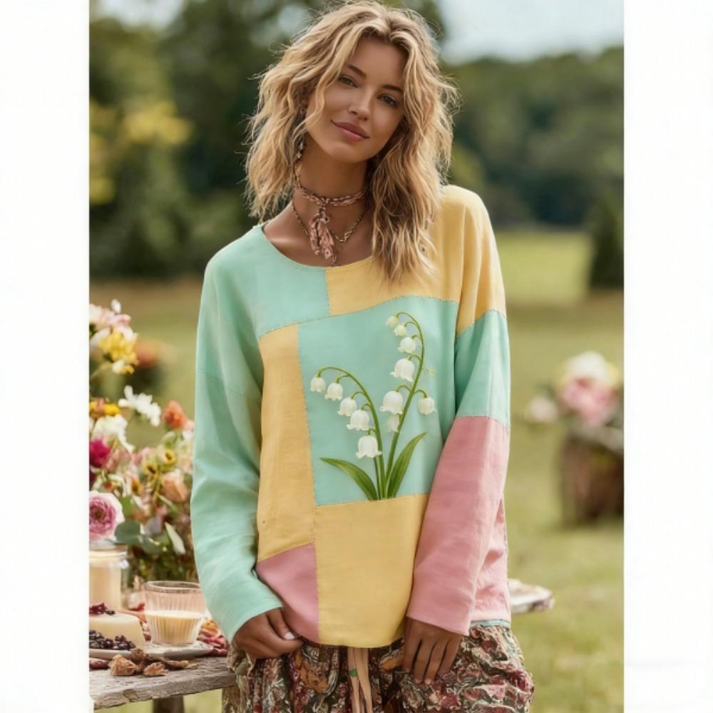 Europe America Fashion Splicing Colors Women's T-shirt Pullover Bohe Style Women Long Sleeve Clothing Outdoor Casual Tees Top