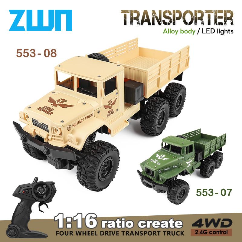 ZWN 1:16 2.4G Aluminum Alloy Six Wheel Military RC Truck with Lights Outdoor Remote Control Cars Toys Gift for Children.