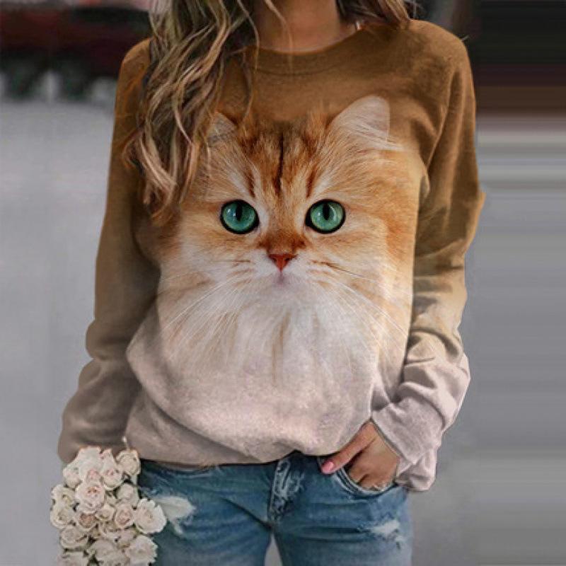 Höst 3D Katt Tryckta Sweatshirts Trendiga Casual Sport Långärmade Dam Sweatshirts