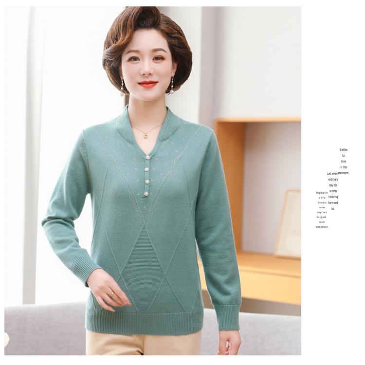 2023 Autumn/Winter New Arrival: V-Neck Knitted Sweater for Middle-Aged & Elderly Women - Fashionable, Long Sleeve, Plus Size, Loose Fit Mother's Wear