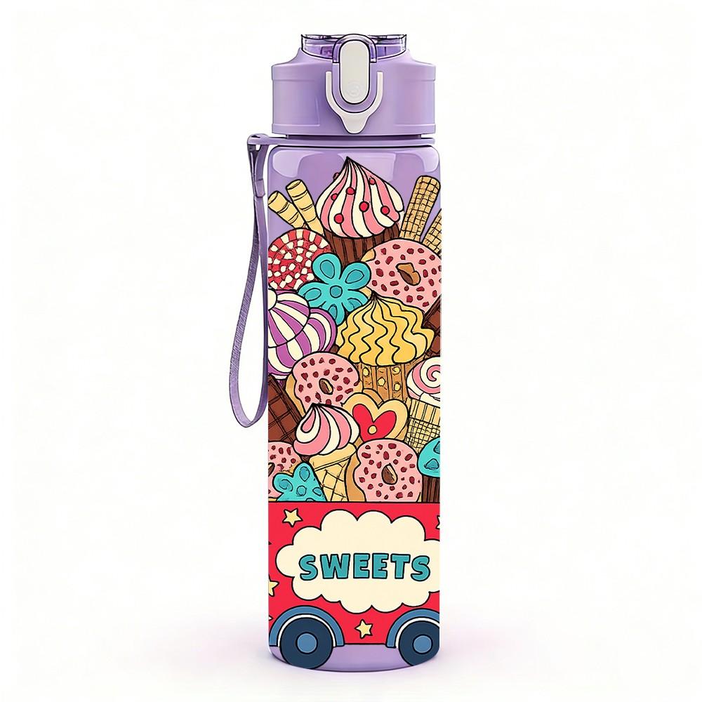 1PC Colorful Ice Cream Truck Cartoon Pattern 750ml Color Plastic Sports Water Bottle Leakproof Flip Straw Lid Suitable for Sports Office Home Use